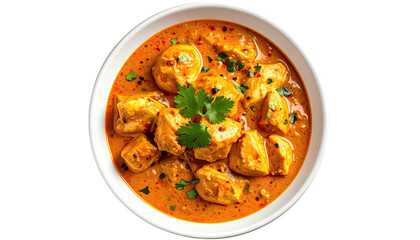 Chicken cubes in creamy sauce, served in white bowl, aerial view