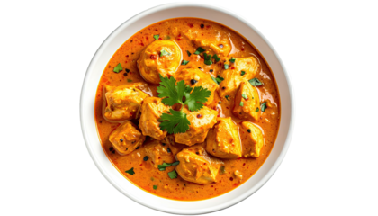 Chicken cubes in creamy sauce, served in white bowl, aerial view
