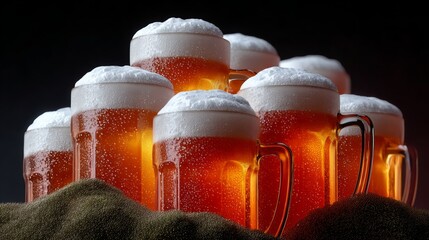 A collection of frothy beer mugs stacked together, showcasing golden amber liquid and creamy foam, illuminated by soft lighting, creating a warm and inviting atmosphere for beverage enthusiasts