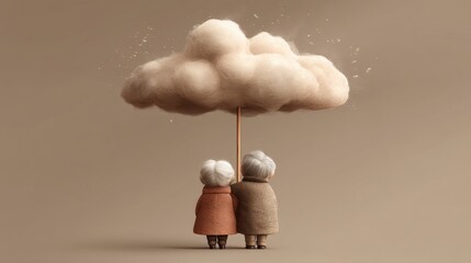 Two elderly figures stand side by side, sheltered under a whimsical financial umbrella. A fluffy cloud hovers above, symbolizing protection and comfort in uncertain times