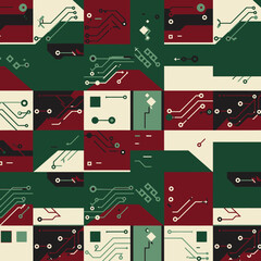 Abstract digital circuit board design with geometric shapes and patterns in shades of green, red, and cream, creating a modern, tech-inspired background.