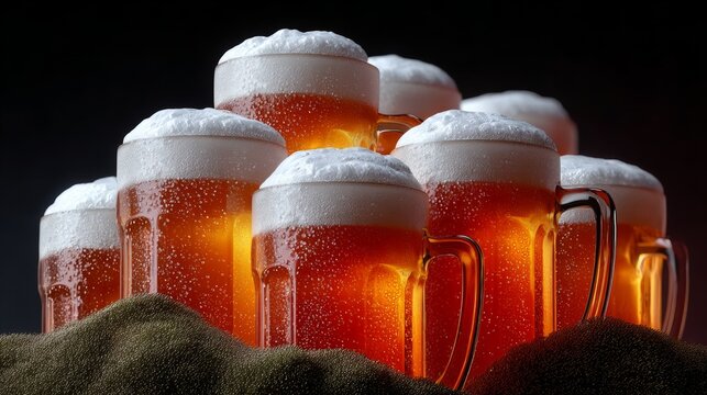 A collection of frothy beer mugs stacked together, showcasing golden amber liquid and creamy foam, illuminated by soft lighting, creating a warm and inviting atmosphere for beverage enthusiasts