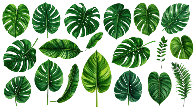 Many green tropical leaves, various shapes, on a black background