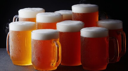 Assorted craft beers in frosty mugs with foamy tops, arranged in a visually appealing manner, showcasing rich amber and golden hues, perfect for beverage enthusiasts and social gatherings