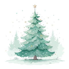 Green fir Christmas tree illustration with snow on a white background for winter holiday card design