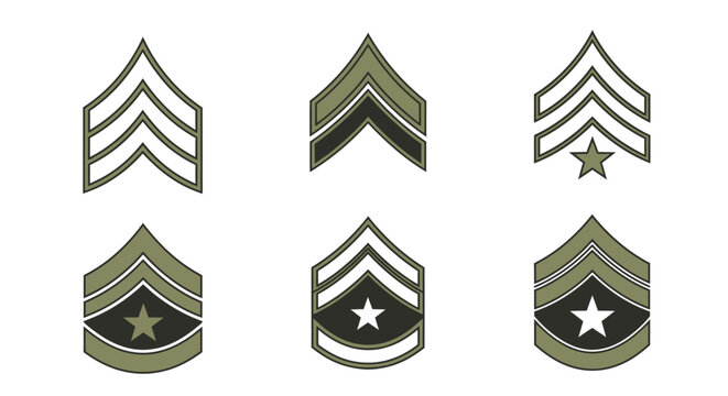 Illustrations depicting various military rank insignias on a stark white background presenting