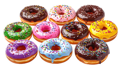 Colorful assortment of glazed and sprinkled donuts displayed