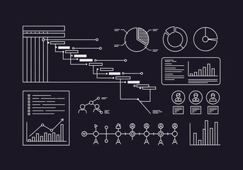 Set of business data visualization icons Gantt chart pie charts and graphs in a clean white line art style.