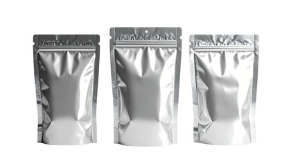 Three silver, blank stand-up pouches on a black background