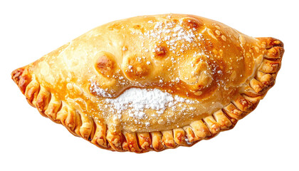 Golden baked pastry, crimped edges, dusted sugar, dark background