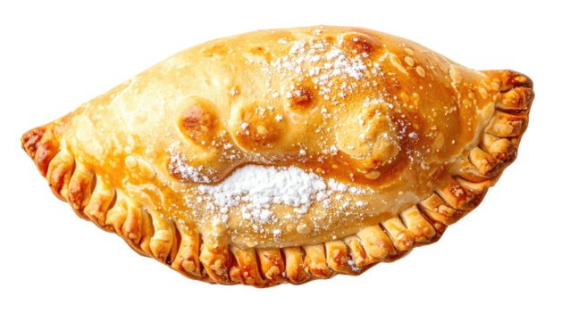 Golden baked pastry, crimped edges, dusted sugar, dark background