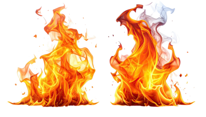 Two stylized flames, vibrant orange-yellow, with smoke on right