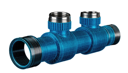 Blue, see-through valve plumbing pipe on black background