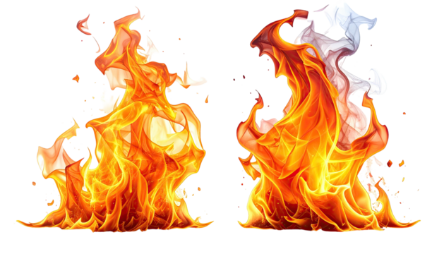 Two stylized flames, vibrant orange-yellow, with smoke on right