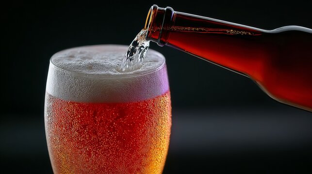 Refreshing amber beer being poured from a bottle into a chilled glass, showcasing the frothy head and bubbles, creating a vibrant and inviting atmosphere for beverage enthusiasts