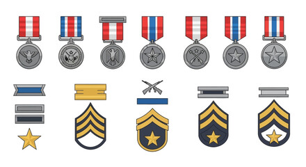 Detailed vector illustration featuring a diverse collection of military awards and ranks with