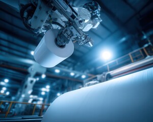 High-efficiency paper mill machinery process - Robotic Arm Handling Industrial Paper Roll in Modern Factory Setting optimized industrial automation system manufacturing plant