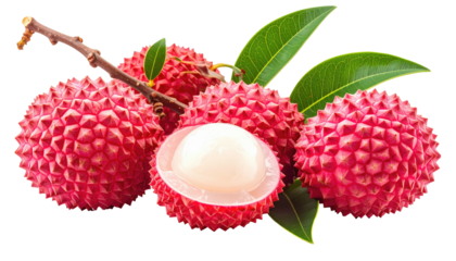 Lychees on a branch, one cut open showing white flesh