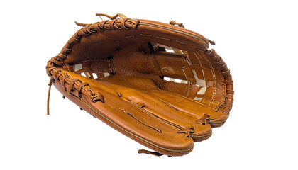 Tan leather baseball glove, open pocket, on a plain dark background