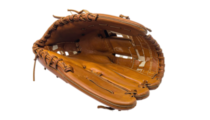 Tan leather baseball glove, open pocket, on a plain dark background