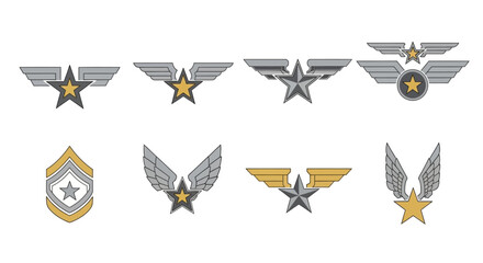 Assortment of stylized wing and star emblem designs with metallic color schemes collection