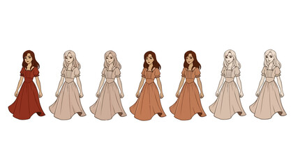 Fashion illustration showcasing diverse color palettes for vintage-inspired dresses on white