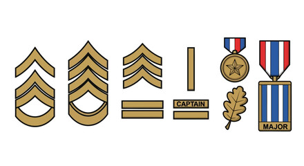 Isolated military rank insignia illustration, depicting various chevrons, bars, a medal, and an