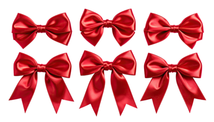 Six glossy, tied, festive red bows on a transparent background