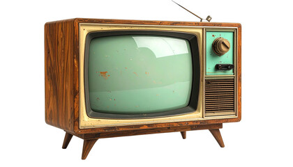 Old television with wood grain and mint green screen showing static