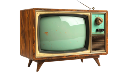 Old television with wood grain and mint green screen showing static