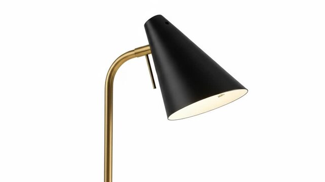 A modern floor lamp with a black conical shade and gold arm/base, isolated on white