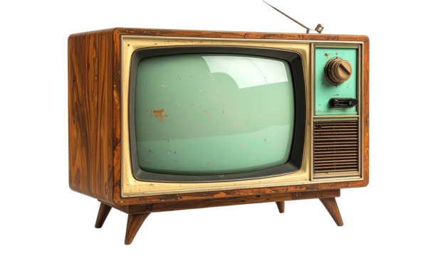 Old television with wood grain and mint green screen showing static
