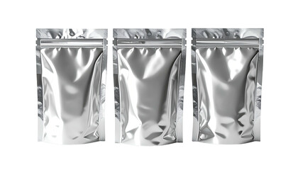 Three shiny silver pouches with zip closures stand in a row