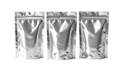 Three shiny silver pouches with zip closures stand in a row