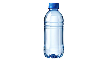 Clear plastic water bottle, blue cap, transparent liquid inside