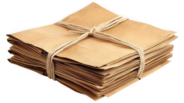 Stack of old brown paper envelopes tied with twine on transparent background