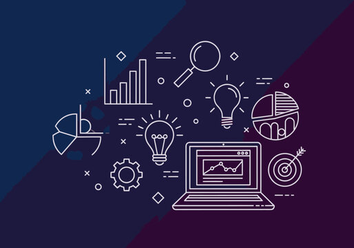 Minimalist white line art business data analysis and idea icons set featuring charts laptop lightbulbs and target.