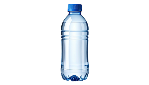 Clear plastic water bottle, blue cap, transparent liquid inside
