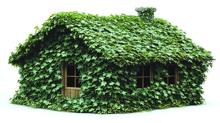 Fototapeta premium Small house covered with lush ivy leaves, featuring wooden windows and a chimney