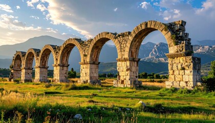 Ancient Stone Arches Stand Against Mountain Backdrop Under Golden Hour Sunlight With Lush Green Field in Foreground