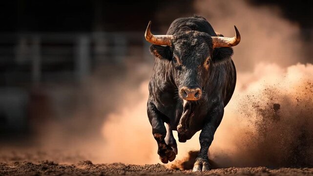 A powerful bull charges forward, kicking up dust, with horns and dark fur visible