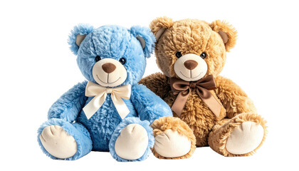 Two plush bears, blue and brown, sit next to each other