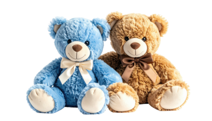 Two plush bears, blue and brown, sit next to each other