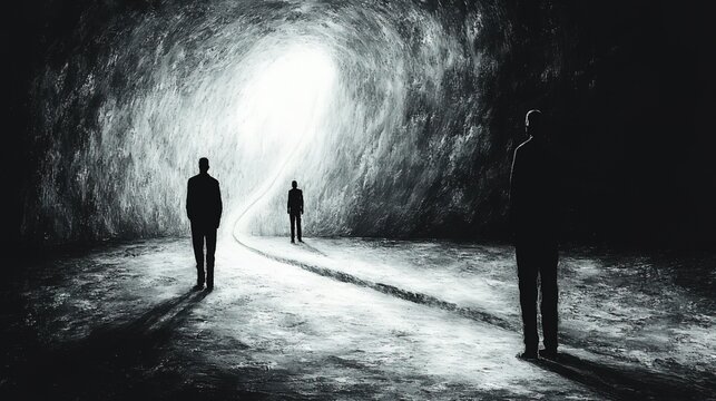 Silhouettes of Three People in a Tunnel with Light at the End