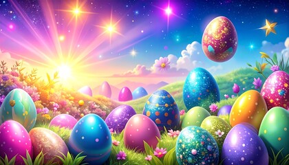 Pastel-colored decorated Easter eggs in a grassy field under a vibrant sky with stars and a bright sunrise