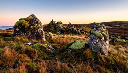 Ancient Moss Covered Standing Stones on a Hillside Under a Golden Sunset Sky