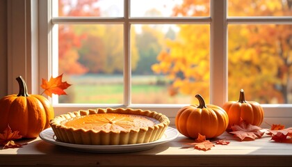 Pumpkin pie and pumpkins sit on a window sill with bright autumn trees visible in the background on a sunny day
