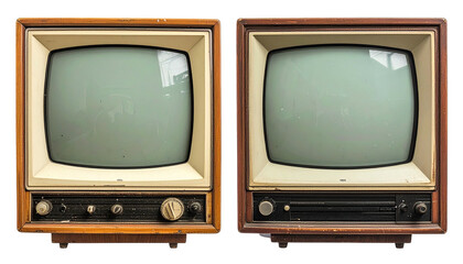 Two vintage wood-encased TVs stand side-by-side with blank screens