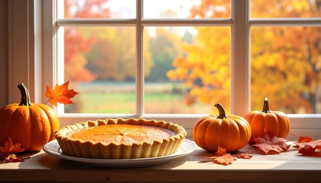 Pumpkin pie and pumpkins sit on a window sill with bright autumn trees visible in the background on a sunny day