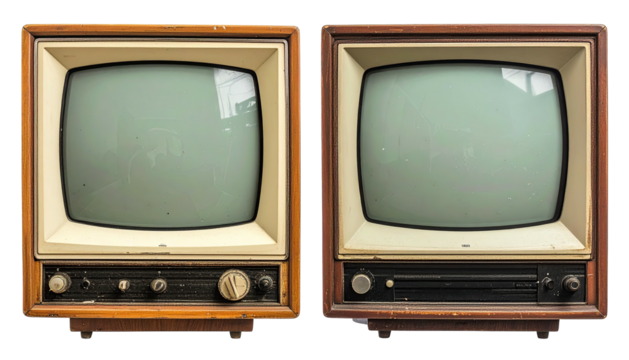Two vintage wood-encased TVs stand side-by-side with blank screens